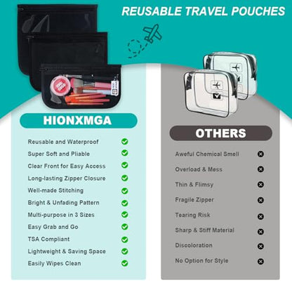 HIONXMGA TSA Approved Toiletry Bag, Set of 3 Clear Travel Toiletry Bag Quart Size Zipper Travel Pouch, Waterproof Makeup Cosmetic Bag for Women Men Kids Toiletries Carry on, Black - color: Black, Mixed Sizes