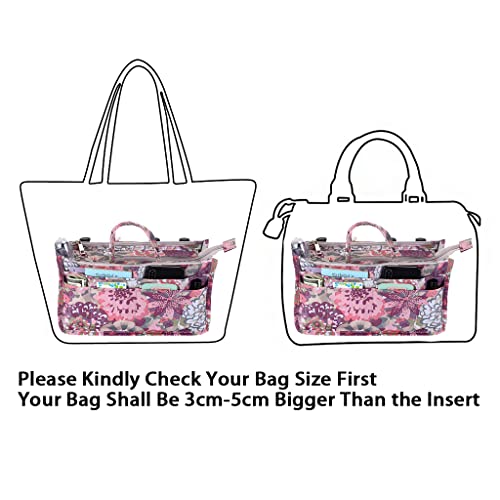 BTSKY Printing Handbag Organizers Inside Purse Insert - High Capacity 13 Pockets Bag Tote Organizer with Handle (Peony) - color: Pink