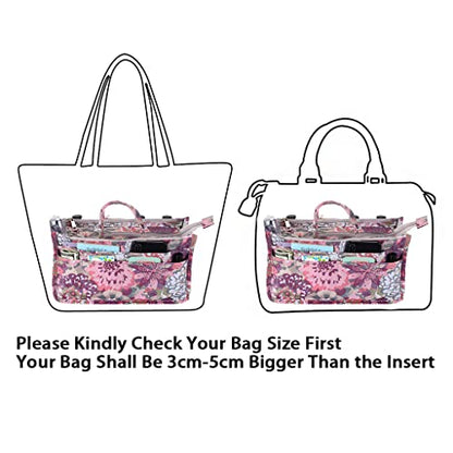 BTSKY Printing Handbag Organizers Inside Purse Insert - High Capacity 13 Pockets Bag Tote Organizer with Handle (Peony) - color: Pink