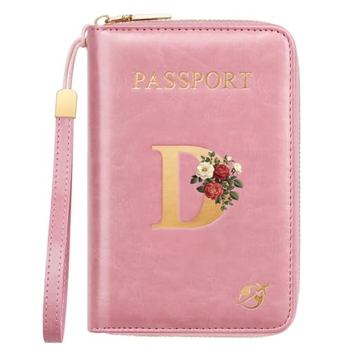 Passport Holder for Travel Personalized Passport Holder Initial Letter Rose Flower RFID Blocking Travel Wallets Credit Cards Holder for Women Men, Pink D - color: Pink, size: D