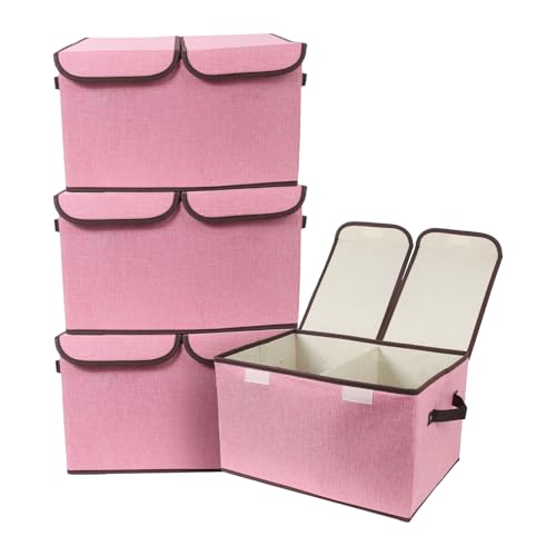 Foldable Fabric Storage Box, 16.5 x 11.8 x 9.8 inches (L x W x H), with Double-Lid & Dividers, Large Organizer for Home, Closet, Office(Pink, 4 Packs) - color: Pink, size: 4 Packs