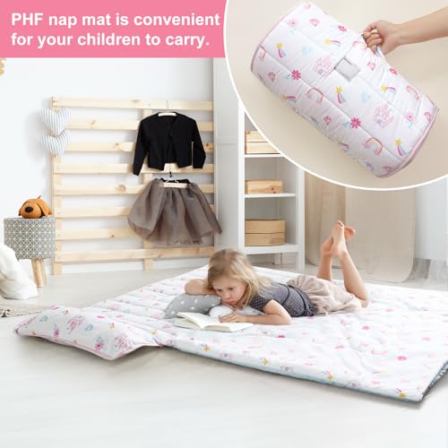 PHF Soft Toddler Nap Mat with Removable Pillow, Rollup Design Kids Sleeping Mat, Slumber Bags for Girls, 50"x20" Toddler Sleeping Bag for Daycare Preschool Travel Camping, Castle - color: Castle