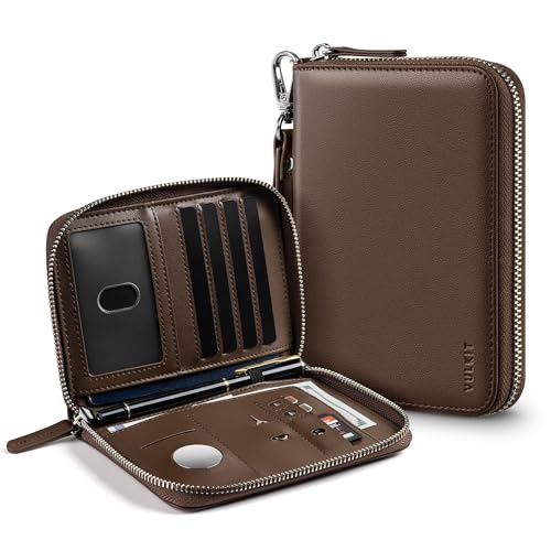 VULKIT Passport Holder for Travel with Airtag Slot, Premium Nappa Leather, RFID Blocking, Zipper Closure with Wrist Strap, Travel Document Organizer - color: Nappa Espresso