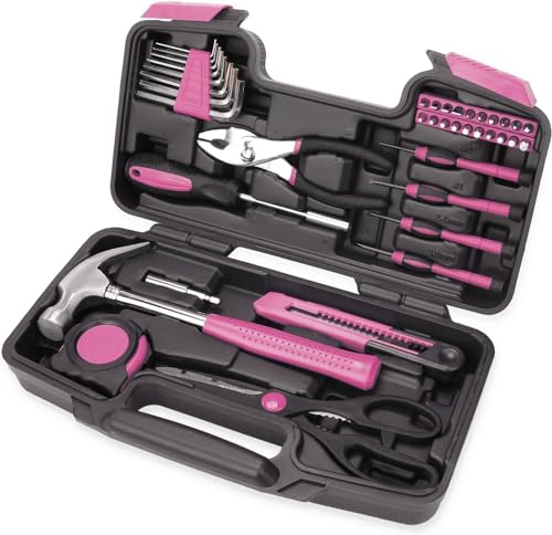 39 Piece All Purpose Basic Household Pink Tool Kit for Women - Small Tool Set with Toolbox Great for Home, Garage, Office and College Dormitory Use - color: Pink