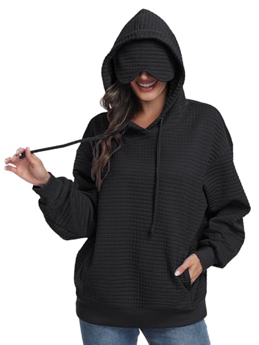 SeSe Code Hoodie With Eye Mask Waffle Hooded Sweatshirts Womens Travel Airplane Sleep Hoodies Mens Oversized Pullover - color: Black, size: Small