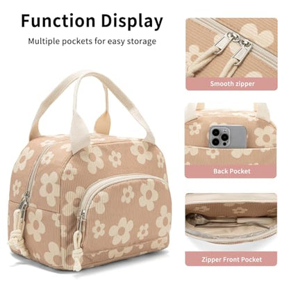 Lunch Bag Women Lunch Box for Women Adult Cute Insulated Lunch Bag Small Cooler Lunch Tote Bags for Work Picnic Travel (Brown-Flower) - color: Brown-Flower