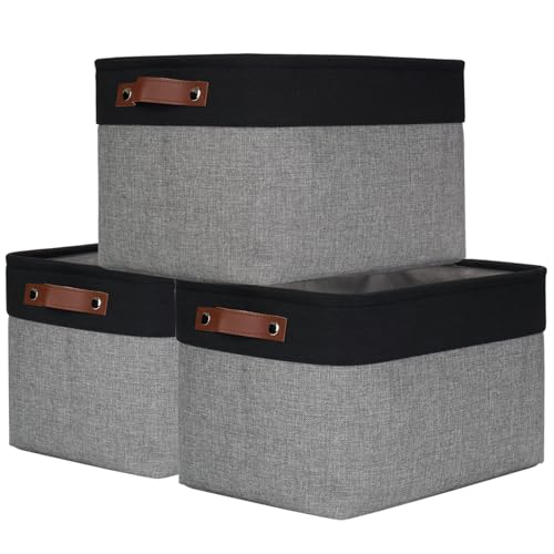 Bagnizer Storage Bins Large Fabric Storage Baskets for Shelves 3 Pack, Decorative Linen Closet Baskets with Handles for Organizing, Shelf, Clothes, Home, Office, 15x11x9.5Inches (Grey&Black) - color: Gray / Black, size: Large -15"x11"x9.5"