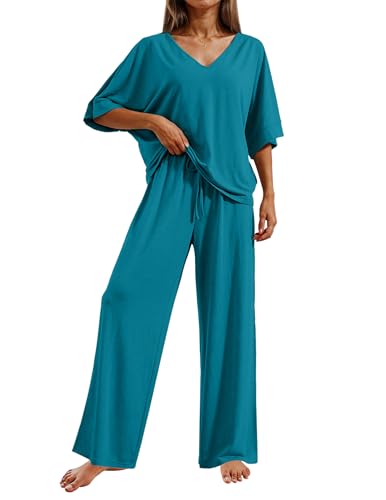 Ekouaer Pajama Sets for Women 2 Piece Lounge Set Short Sleeve Tops and Long Pants Soft Comfy Pjs Sleepwear Outfits S-XXL - color: Blue Green, size: X-Large