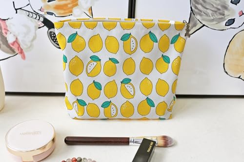 HAPPYHEIDI Canvas Makeup Bag, Cosmetic Travel Pouch, Cute Lemon, Cotton Blend, Fruit Pattern, Zipper Closure, 7.1x2.4x7 Inches - color: GR-Canvas-Cute Lemon