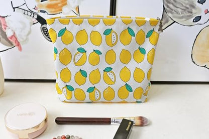 HAPPYHEIDI Canvas Makeup Bag, Cosmetic Travel Pouch, Cute Lemon, Cotton Blend, Fruit Pattern, Zipper Closure, 7.1x2.4x7 Inches - color: GR-Canvas-Cute Lemon