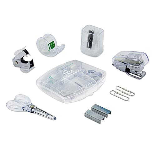 LD Products Clear Mini Office Supply Kit Portable Case with Scissors, Paper Clips, Tape Dispenser, Pencil Sharpener, Stapler & Staple Remover - color: Clear