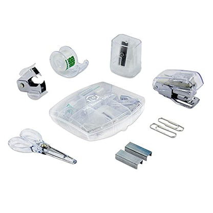 LD Products Clear Mini Office Supply Kit Portable Case with Scissors, Paper Clips, Tape Dispenser, Pencil Sharpener, Stapler & Staple Remover - color: Clear