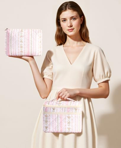 HBselect 2Pcs Travel Makeup Bag, Large Cotton Quilted Makeup Bag Cosmetic Bag Cute Make up Bag Toiletry Bags for Women Girls - color: 2PCS-Quilted Makeup Bag 3
