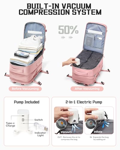 wepadre Vacuum Backpack Travel with Pump Travel Backpack with Vacuum System Expandable Vacpack Compression Backpacks for Travel Easy Vac Pack Carry on Luggage - color: Pink