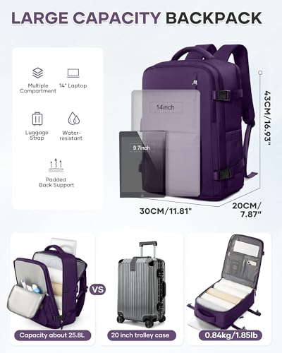WONHOX Large Travel Backpack Women,Carry On Laptop Backpack Flight Approved,Mochila De Viaje Men Hiking Waterproof Rucksack Casual Daypack with Shoes Compartment,Personal Item Travel Bag Dark Purple - color: A50-dark Purple, size: Large