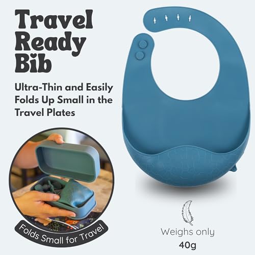 Baby Travel Essentials 6 Pc Silicone Feeding Set - Portable Toddler Plates with Suction, Baby Spoons & Foldable Bib in Carrying Case - BPA-Free Infant & Toddler Utensils for Airplanes & Eating Out - color: Dark Blue