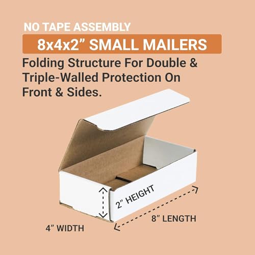 BOX USA Corrugated Mailing Mailer Boxes Small 8" x 4" x 2" (50 Pack) Cardboard Shipping Box for Packaging Moving Packing Storage - White, 50 Pack - size: 8 x 4 x 2 inches