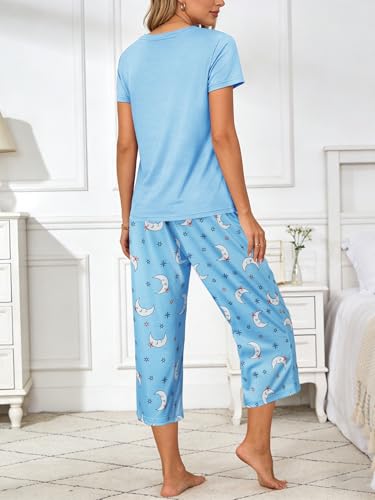 YIJIU Women Soft Comfy Pajamas Cute Cat Short Sleeve Capri Pants PJS Set - color: Blue Moon, size: 3X-Large