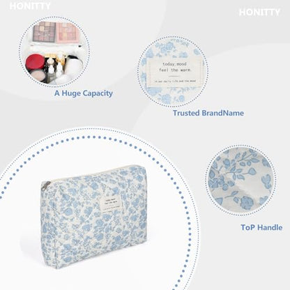 honitty Makeup Pouch,Quilted Cosmetic Bags,Large Floral Make Up Organizer for Women - color: 1PCS-Blue-White2