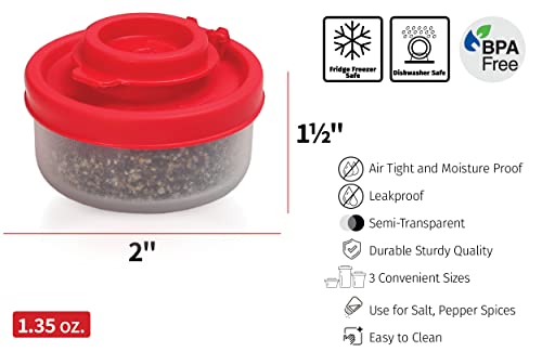 SIGNORAWARE Salt and Pepper Shakers Moisture Proof Set of 2 Small Mini Salt Shaker to go Camping Picnic Outdoors Kitchen Lunch Boxes Travel Spice Set Clear with Red Covers Plastic Airtight Dispenser - size: Small, 2 pack