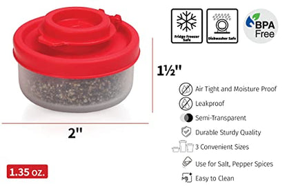 SIGNORAWARE Salt and Pepper Shakers Moisture Proof Set of 4 Small Mini Salt Shaker to go Camping Picnic Outdoors Kitchen Lunch Boxes Travel Spice Set Clear with Red Covers Plastic Airtight Dispenser - size: Small, 4 pack