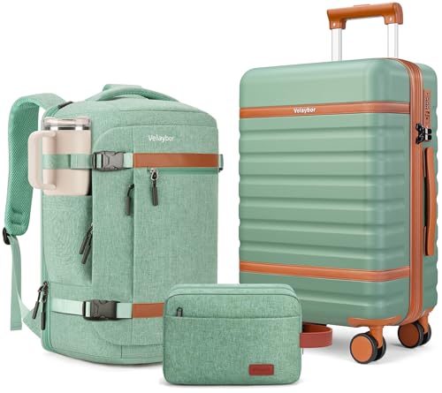 Luggage Sets 3 Piece with Spinner Wheels, Lightweight PC Hardside Suitcase with TSA Lock & YKK Zippers, 20 Inch Carry On Luggage with Travel Bag for Men and Women, Green - color: Green, size: 3 Piece Set (20inch)