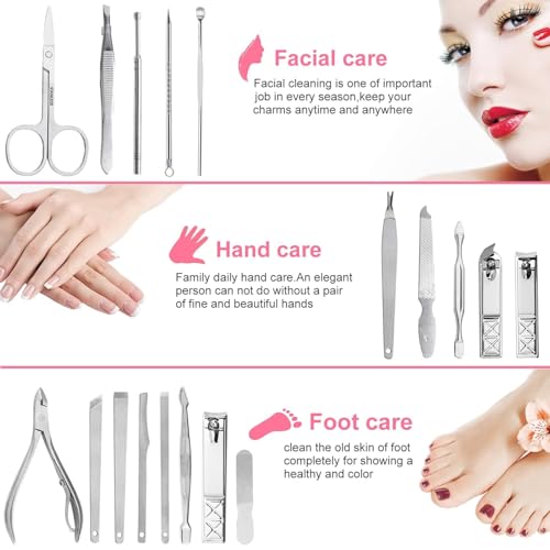 Yougai Manicure Set Professional Nail Clippers Set, 18Pcs Manicure Kit Stainless Steel Nail Kit for Women, Pedicure Set Nail Grooming Kit with Travel Case - color: Pink