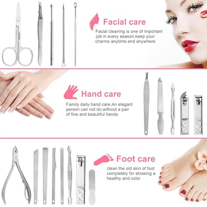 Yougai Manicure Set Professional Nail Clippers Set, 18Pcs Manicure Kit Stainless Steel Nail Kit for Women, Pedicure Set Nail Grooming Kit with Travel Case - color: Pink