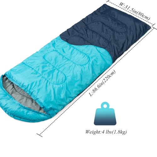 Sleeping Bag - 3 Seasons for Adults Kids Boys Girls Camping Hiking - Warm Cold Weather Lightweight Portable with Compression Bag for Backpacking in Spring, Summer, Fall and Winter - color: 4 lbs-Cyan