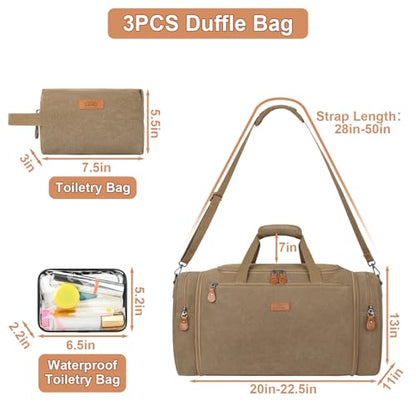 Canvas Mens Duffle Bag for Travel - Expandable 50L Weekender Bags with Toiletry Bag, Overnight Bag Travel Duffel Carry On Luggage with Removable Shoulder Strap, Durable & Water-Resistant - color: 5-Khaki