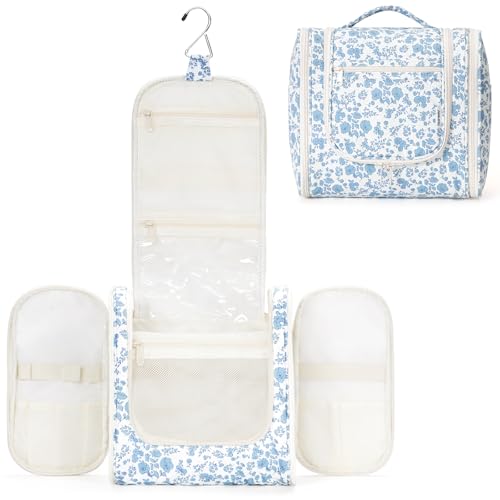 Narwey Large Hanging Toiletry Bag for Women Travel Makeup Bag Make up Organizer Toiletries Bag for Cosmetics Essentials Accessories (Large, Blue Flower) - color: B-Blue Flower, size: Large