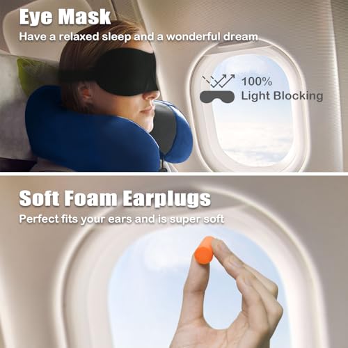 Travel Pillow, Memory Foam Neck Pillow for Traveling, U Shape Neck Pillow Airplane Portable Flight Pillow Travel Kit with 5D Contoured Eye Masks and Earplug for Plane Train Car Home Office - Blue - color: Blue