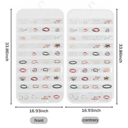 80 Pockets Double-Sided Hanging Jewelry Storage Bag, Transparent Earring, Bracelet, Ring Bag, 33x17 Inch Large Size Fits Wardrobe/Shelf Rod, Travel Portable, Non-Woven(White)