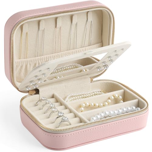 Genuine Leather Travel Jewelry Organizer Case with Mirror for Women, Small Mini Portable Jewelry Box for Ring Earrings Necklace Bracelet Luxury Gift for Women（Pink） - color: Lychee Grain Leather Pink