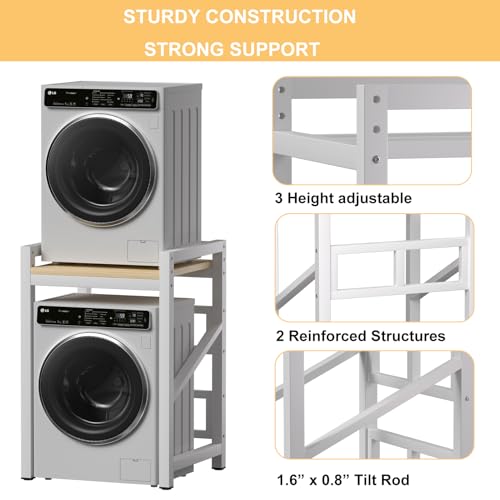 Washer Dryer Stacking Rack Kit 29.5in, Over the Washer and Dryer Storage Shelf for Laundry Room, Bathroom, Heavy Duty, Height Adjustable, 1.2mm Wall Thickness 660lbs Capacity (White, 29.5in) - color: White