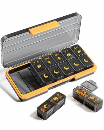 Betife AM PM Pill Organizer 7 Day, Weekly Pill Organizer 2 Times a Day, Daily Pill Box AM PM, Portable Travel Medicine Case, Day and Night Pill Container for Medication, Vitamin or Supplement（BG） - color: Blackgold