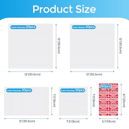 Metronic 100pcs Moving Supplies,Foam Pouches(12x12 20,7.5x12 20,7.5x7.5 20) and Sheets(12x12 40pc),Foam Wrap Cushioning Material,Packing Supplies for Storage and Shipping,Protect Dishes,Mug