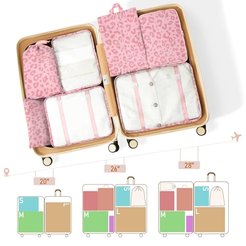 Packing Cubes for Travel - 8 Set Luggage Organizer Bags for Family, Mesh Breathable Packing Cubes for Suitcases Durable Travel Essentials Bags Set - color: Pink Leopard
