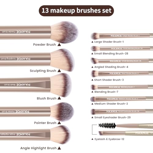 MAANGE 13 PCS Makeup Brushes Professional Make Up Brushes Premium Synthetic Powder Concealers Brushes Travel Makeup Brush Set with Case (Champagne) - color: Champagne