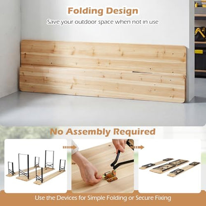 Tangkula 3 Piece Folding Picnic Table with 2 Benches, Foldable Wood Picnic Table Bench Set with Heavy-Duty Metal Frame for 6, Space-Saving Outside Table and Bench Set for Backyard, Patio, Garden