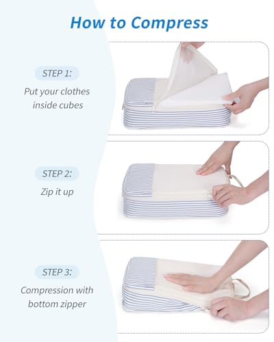 Narwey 6 Set Compression Packing Cubes for Travel Women Men, Travel Cubes for Carry On Suitcase, Durable Compression Luggage Organizer Bags - color: ZY-Greyish Blue Stripe