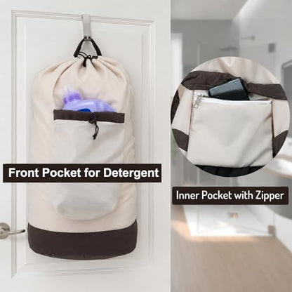 Seiritex Laundry Bag Backpack with Shoulder Straps and Detergent Holder Clothes, Travel Laundry Backpack Bag Hamper for College Dorm Room (Khaki w Brown) - color: Khaki w Brown