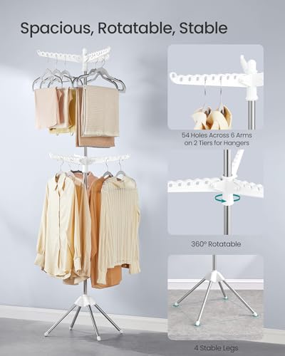 SONGMICS 2-Tier Clothes Drying Rack, 75.2-Inch Folding Laundry Drying Rack with 6 Rotatable Arms for Hangers, Stainless Steel, for 54 Pieces of Clothes, White and Silver ULLR514W01 - color: White + Silver, style: 2-Tier-Hang