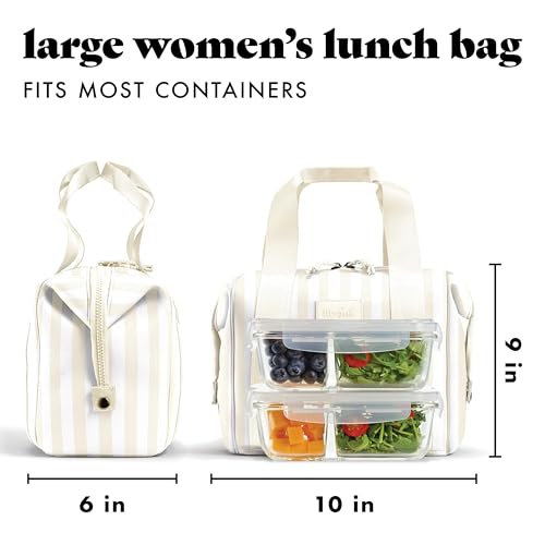 Fit & Fresh Remi Lunch Bag for Women Work – Neoprene Lunch Tote with Containers & Ice Pack, Reusable Meal Prep Lunch Box, Large Capacity, Machine Washable, Ivory Stripe - color: Ivory Stripe