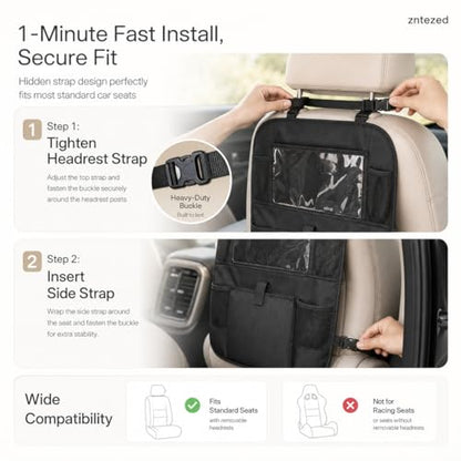Car Backseat Organizer with 12 Storage Pockets, 12" Touch Screen Tablet Holder, Waterproof Kick Mats Seat Protector, Car Organizers and Storage for Kids, Road Trip Essentials（2 Pack，Black）