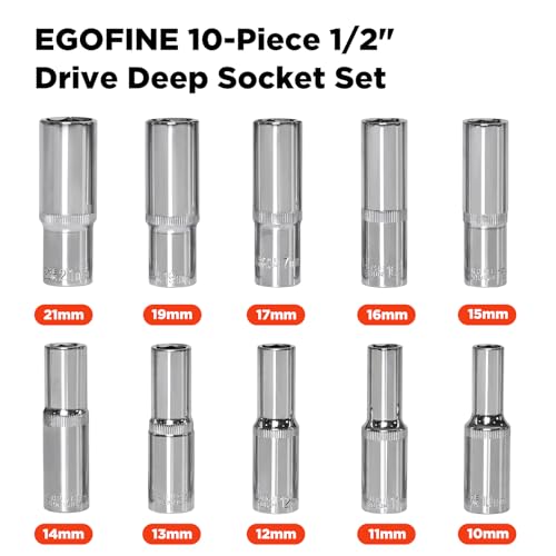 Egofine 10PCS 1/2” Drive Deep Socket Set,Metric Socket Set（10mm-21mm,6 Point Socket Set With Hanging Bracket,Cr-V Steel - size: 1/2, style: 10PC Deep Socket Set