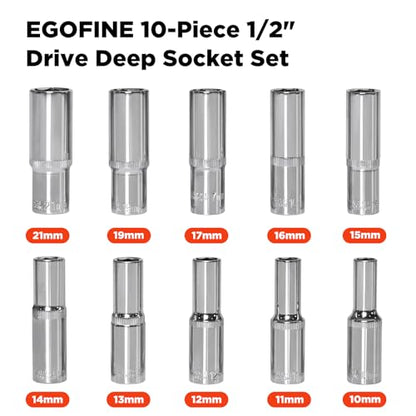 Egofine 10PCS 1/2” Drive Deep Socket Set,Metric Socket Set（10mm-21mm,6 Point Socket Set With Hanging Bracket,Cr-V Steel - size: 1/2, style: 10PC Deep Socket Set