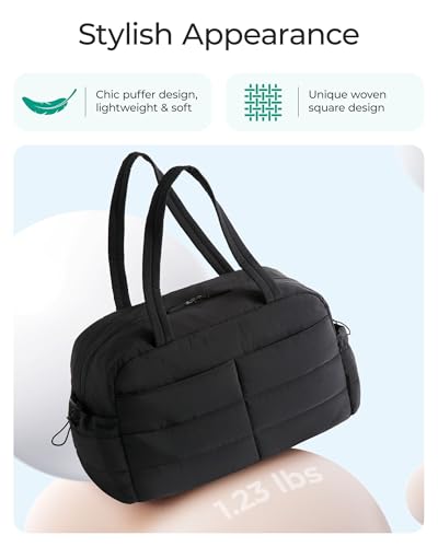 BAGSMART Gym Bag for Women, Lightweight Puffer Duffle Bag 2-PC Travel Bag, 31L Weekender Overnight Bag Quilted Carry On Tote Bag, Diaper Hospital Dance Bag for Travel, Gym, Water Resistant, Black - color: Black