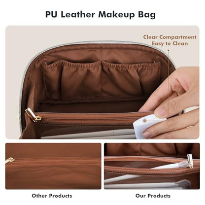 Prite Makeup Bag for Women Travel Waterproof Vegan Leather Cosmetic Bag Open Flat Toiletry Bag With Clear Divider and Handle (Dark Brown, Medium) - color: Dark Brown, size: Medium