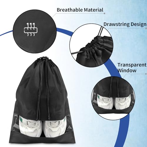 COIDEA 18 Pack Shoe Bags for Travel, Large Travel Shoe Bags for Packing with Clear Window, Dustproof Drawstring Travel Shoe Storage Bags Travel Essentials for Men & Women, Black